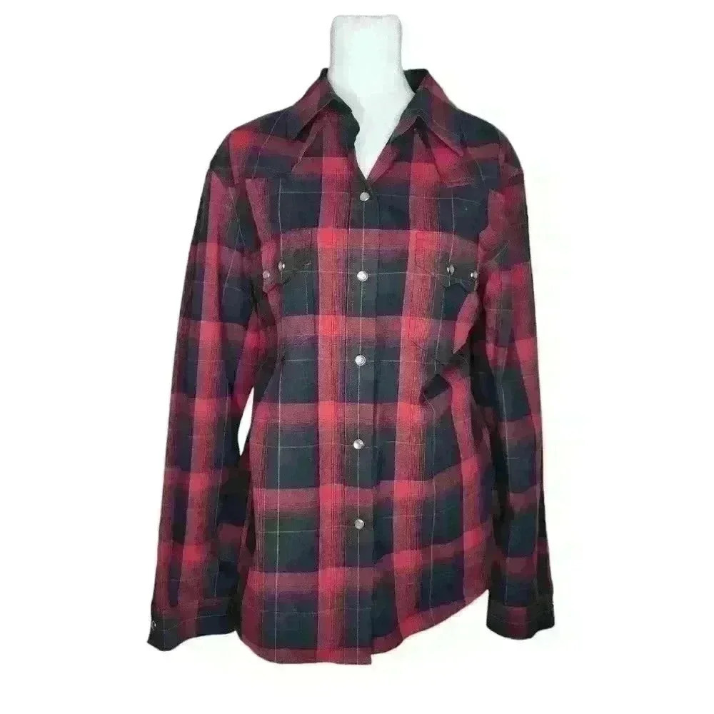 Evan-Picone Women's Red Black Plaid Button Up Long Sleeve 100% Cotton Size 14